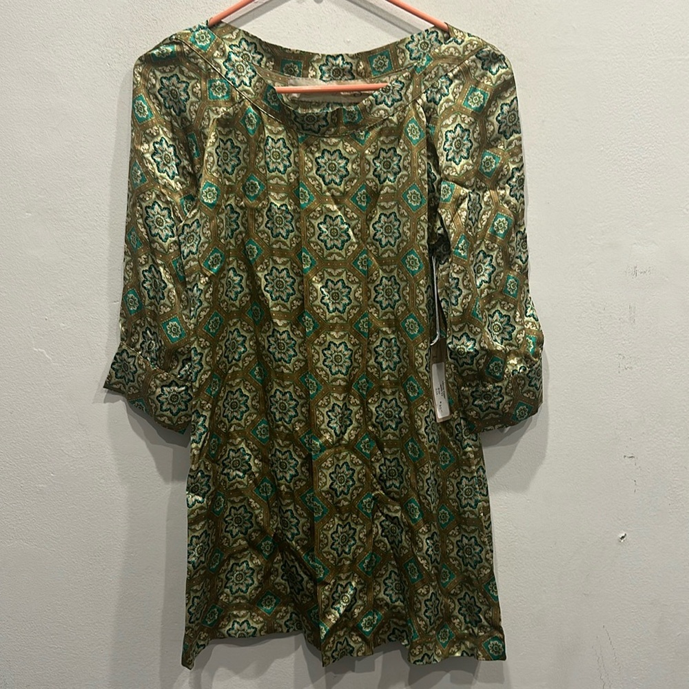 Johnny Was Yellowfield 8 silk tunic shirt short sleeve green gold small boho NWT